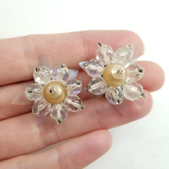 Vintage Beaded Cluster Flower Clip On Earrings, West Germany, Clear Faux Pearl - Picture 1 of 7
